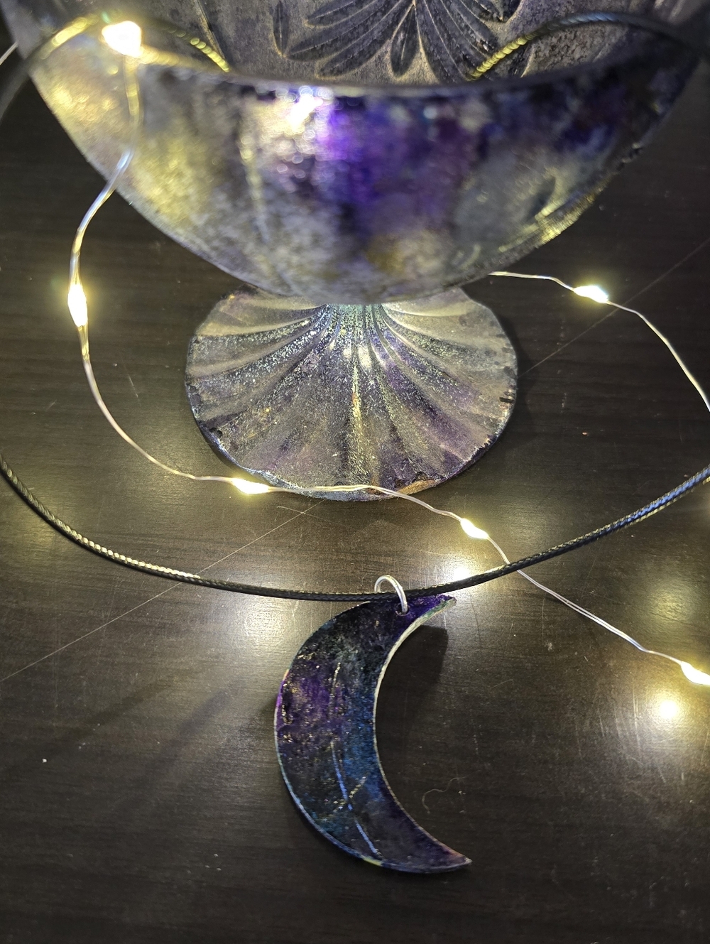 HANDCRAFTED Wood Crecent Moon Necklace HANDPAINTED Choker ARTISAN MADE Jewelry